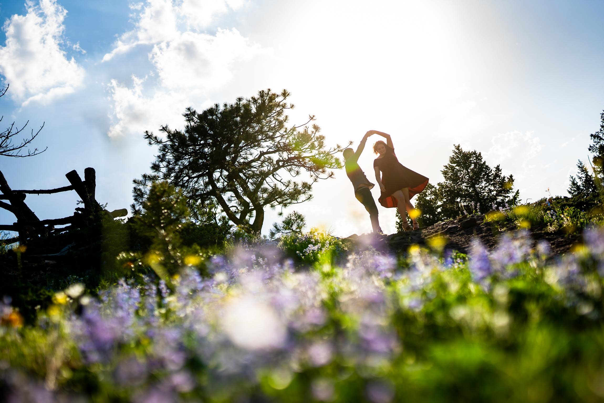 Engaged couple take portraits in a field of wildflowers in a forest during golden hour, Engagement Session, Engagement Photos, Engagement Photos Inspiration, Engagement Photography, Engagement Photographer, Summer Engagement Photos, Mountain Engagement Photos, Lost Gulch Overlook engagement session, Lost Gulch Overlook engagement photos, Lost Gulch Overlook engagement photography, Lost Gulch Overlook engagement photographer, Lost Gulch Overlook  engagement inspiration, Boulder engagement session, Boulder engagement photos, Boulder engagement photography, Boulder engagement photographer, Boulder engagement inspiration, Colorado engagement session, Colorado engagement photos, Colorado engagement photography, Colorado engagement photographer, Colorado engagement inspiration